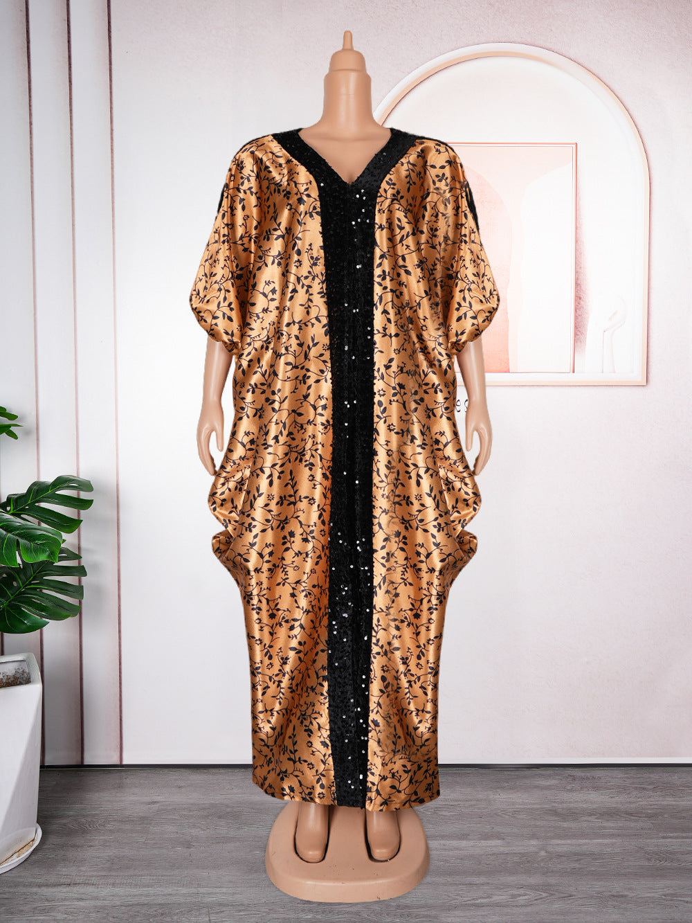 Patchwork Printed Robe African V-Neck Dress with BeadsPrinted Pattern