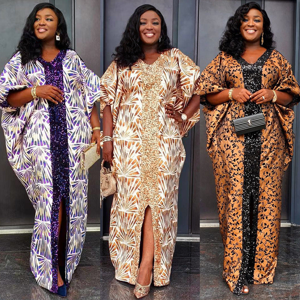 Patchwork Printed Robe African V-Neck Dress with BeadsPrinted Pattern