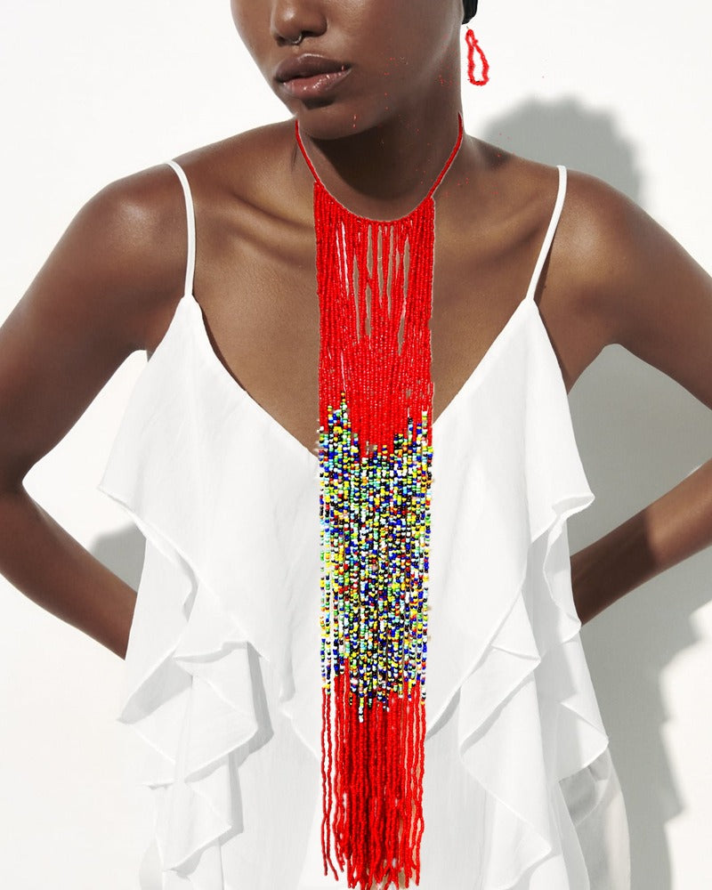 African Style Colorful Bead Necklace Set Long Tassel Sweater Chain