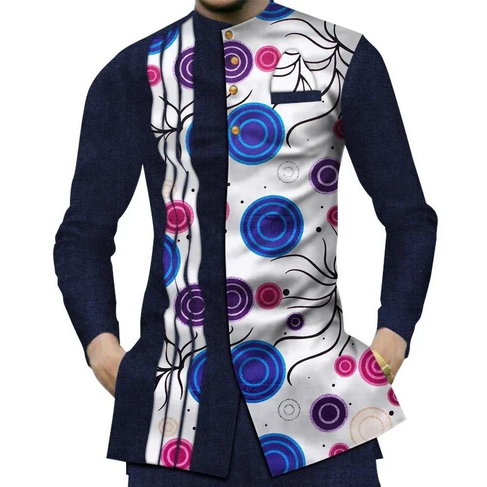 Casual 100% Cotton Mens African Clothing Dashiki Patchwork Print Shirt Tops Bazin Riche Traditional African Clothes WYN380