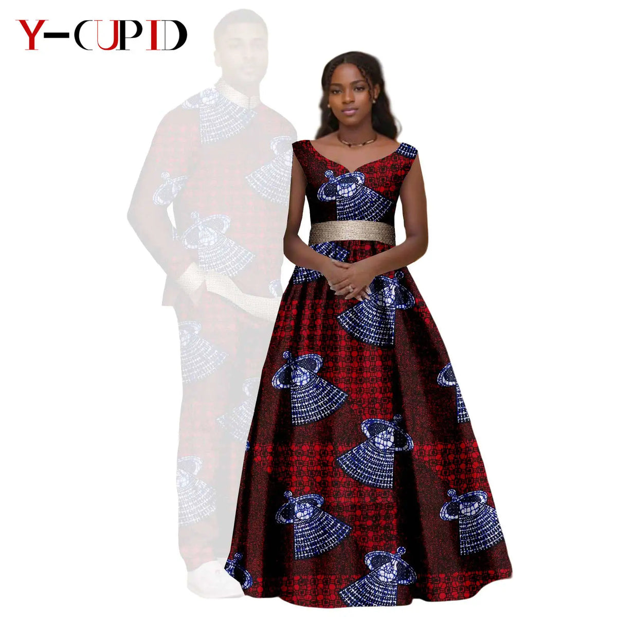 African Print V-neck Long Tutu Dresses for Women Matching Couple Clothes Men Outfits Wedding Dashiki Top and Pant Sets 25C034