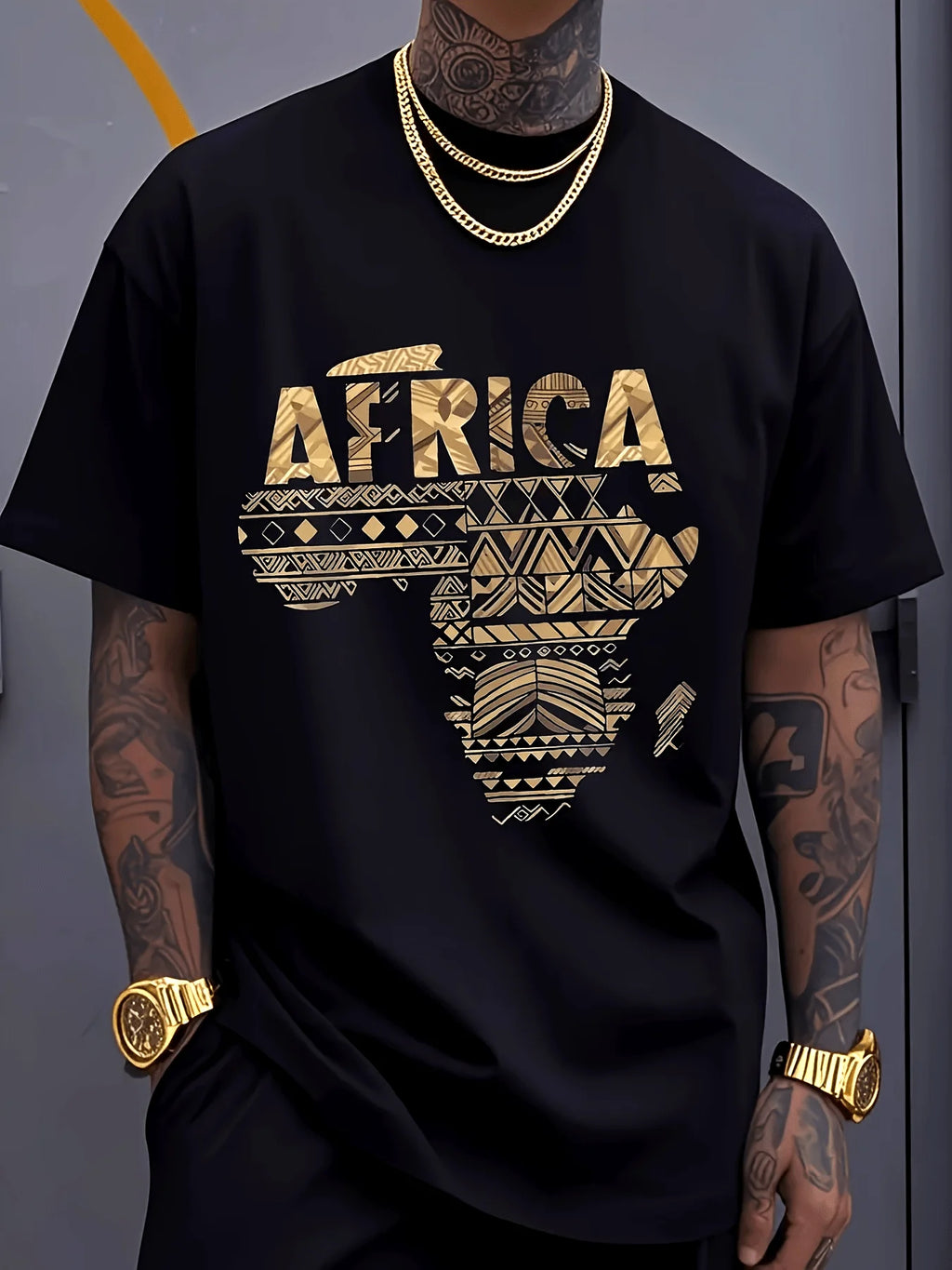 Gold African Map and Tribal Pattern Print on Premium Soft 100 Cotton Mens T shirt Perfect for Summer Streetwear and Casual Style