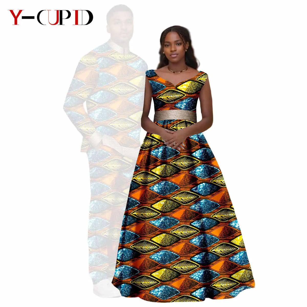 African Print V-neck Long Tutu Dresses for Women Matching Couple Clothes Men Outfits Wedding Dashiki Top and Pant Sets 25C034