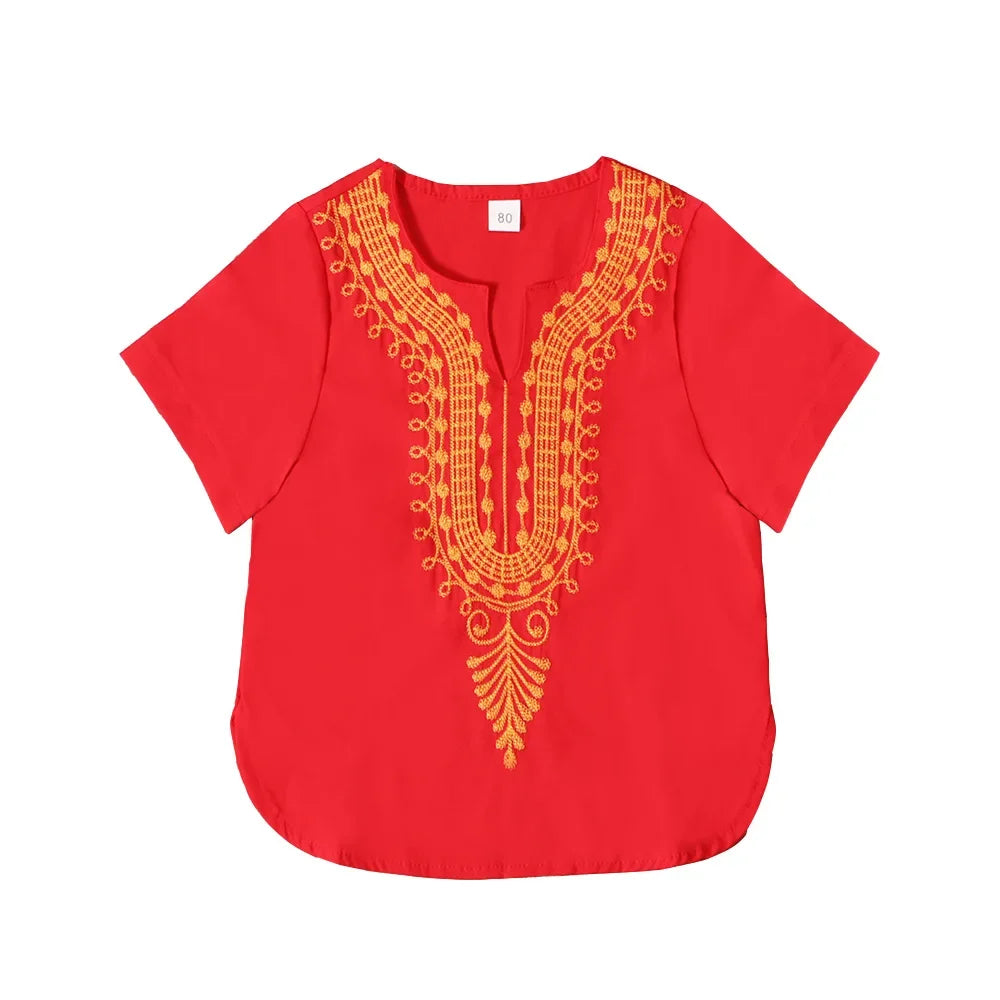 Vintage Ethnic T Shirts for 3-8Y Kids Boy Summer Fashion Short Sleeve Boy's T-Shirts African Embroidery V-Neck Tee Blouse Tops