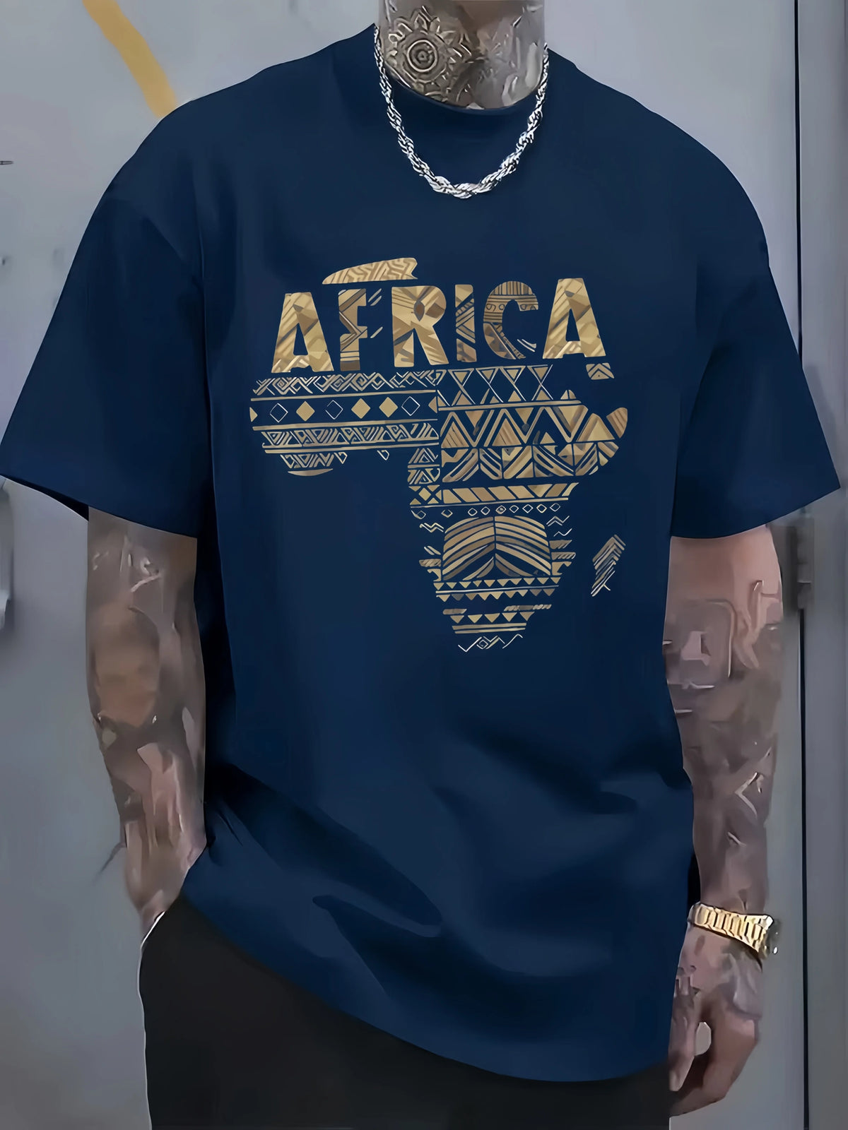 Gold African Map and Tribal Pattern Print on Premium Soft 100 Cotton Mens T shirt Perfect for Summer Streetwear and Casual Style