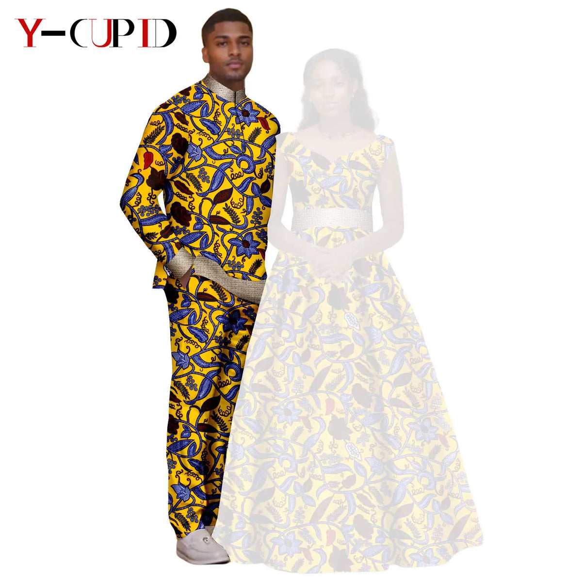 African Print V-neck Long Tutu Dresses for Women Matching Couple Clothes Men Outfits Wedding Dashiki Top and Pant Sets 25C034