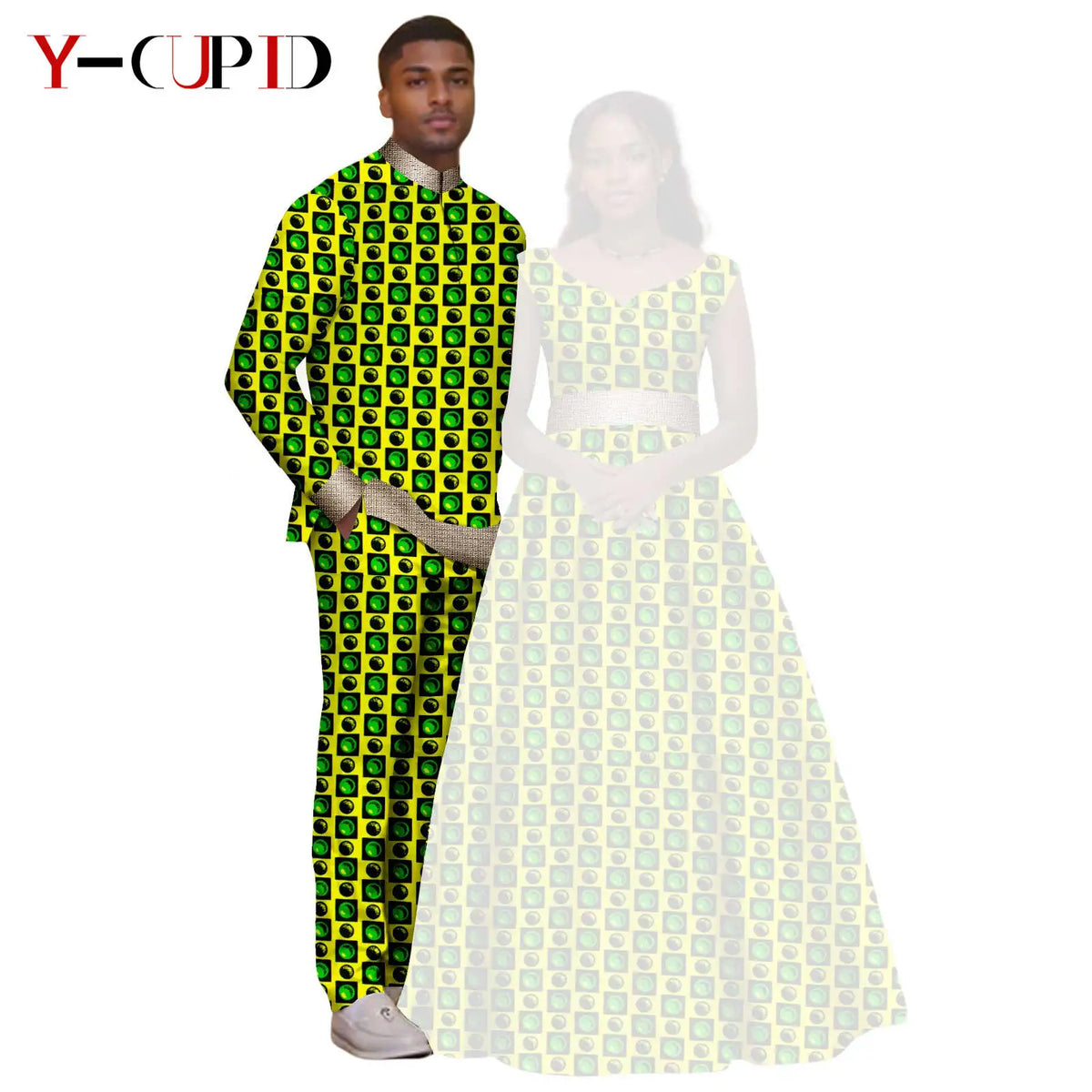 African Print V-neck Long Tutu Dresses for Women Matching Couple Clothes Men Outfits Wedding Dashiki Top and Pant Sets 25C034