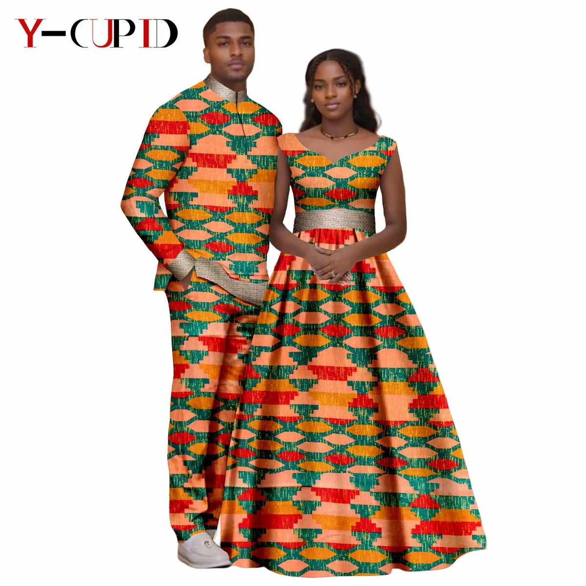African Print V-neck Long Tutu Dresses for Women Matching Couple Clothes Men Outfits Wedding Dashiki Top and Pant Sets 25C034