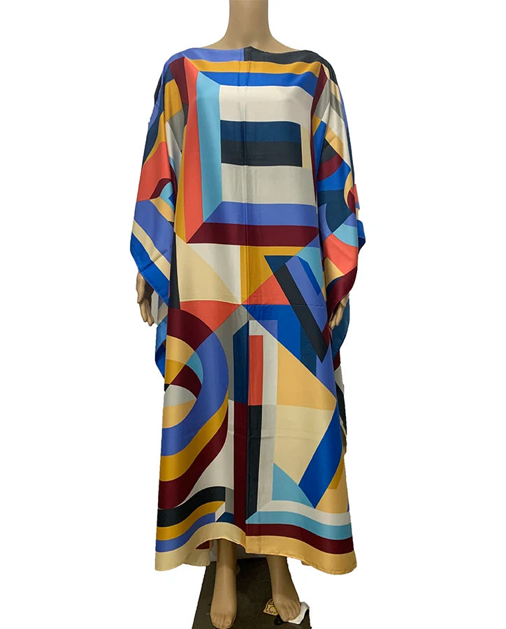 Kuwait Fashion Blogger Multicolor Printed Twill Silk Kaftan Dashiki Elegant African Femme Summer Loose Muslim Abaya For Party