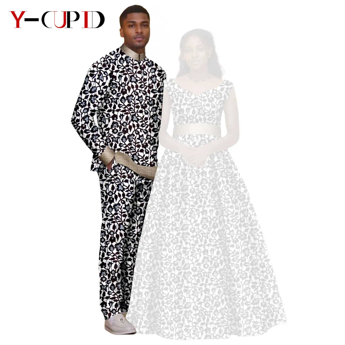 African Print V-neck Long Tutu Dresses for Women Matching Couple Clothes Men Outfits Wedding Dashiki Top and Pant Sets 25C034