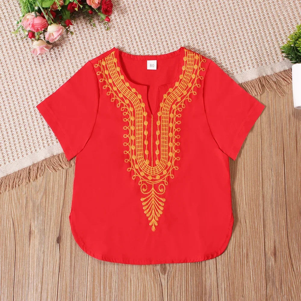 Vintage Ethnic T Shirts for 3-8Y Kids Boy Summer Fashion Short Sleeve Boy's T-Shirts African Embroidery V-Neck Tee Blouse Tops