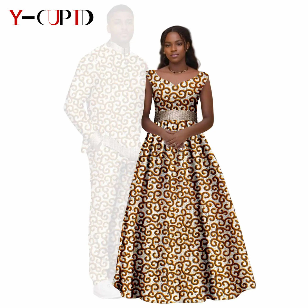 African Print V-neck Long Tutu Dresses for Women Matching Couple Clothes Men Outfits Wedding Dashiki Top and Pant Sets 25C034