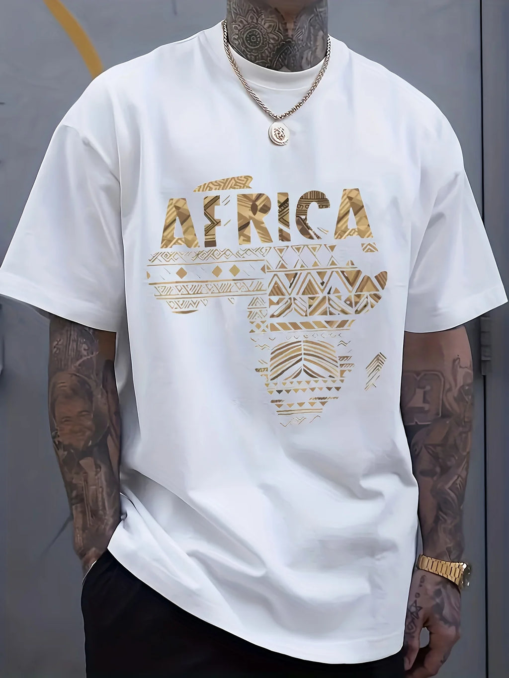 Gold African Map and Tribal Pattern Print on Premium Soft 100 Cotton Mens T shirt Perfect for Summer Streetwear and Casual Style