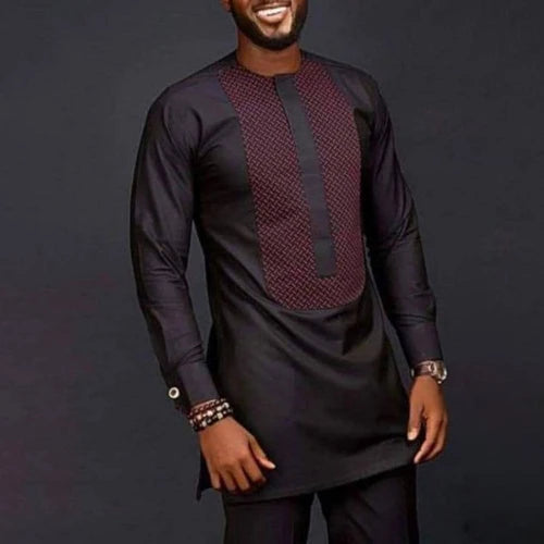 Men Shirts Simple Casual Shirt Ethnic Printing African Long Sleeve Top Round Collar Blouse Pants Two Piece Suit Africa Outfits