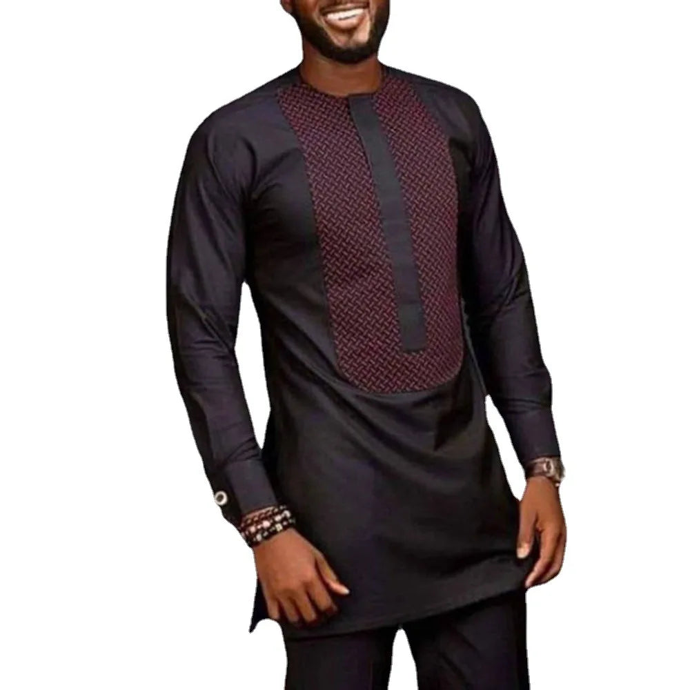 Men Shirts Simple Casual Shirt Ethnic Printing African Long Sleeve Top Round Collar Blouse Pants Two Piece Suit Africa Outfits