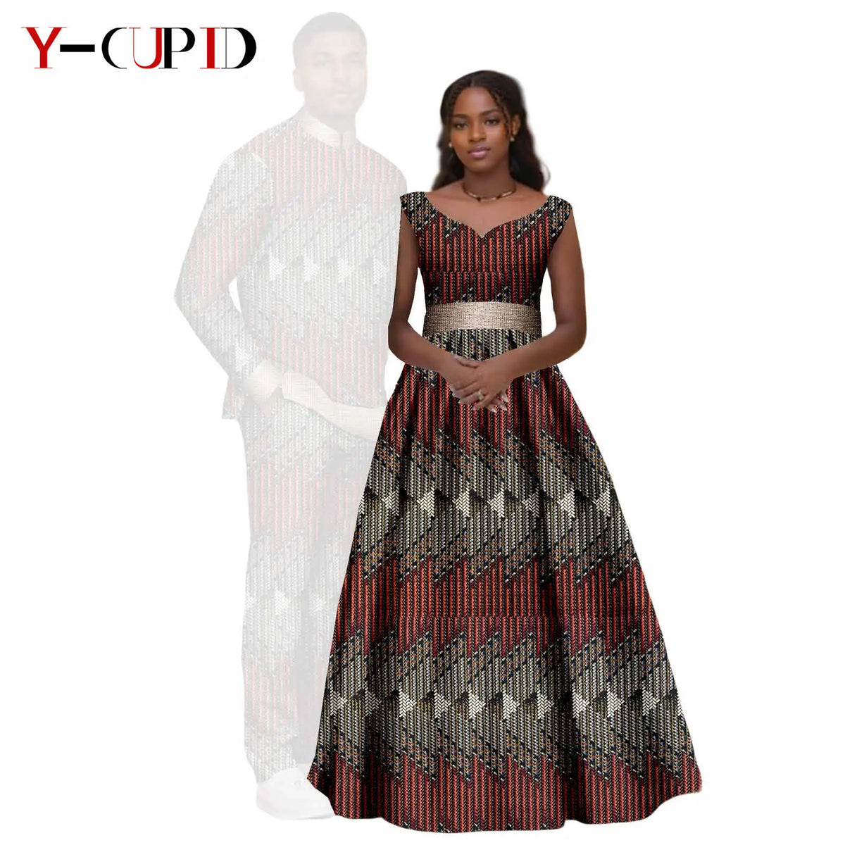 African Print V-neck Long Tutu Dresses for Women Matching Couple Clothes Men Outfits Wedding Dashiki Top and Pant Sets 25C034