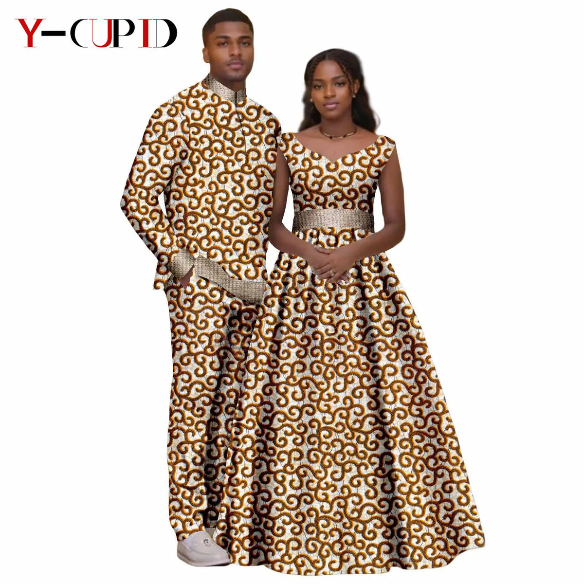 African Print V-neck Long Tutu Dresses for Women Matching Couple Clothes Men Outfits Wedding Dashiki Top and Pant Sets 25C034