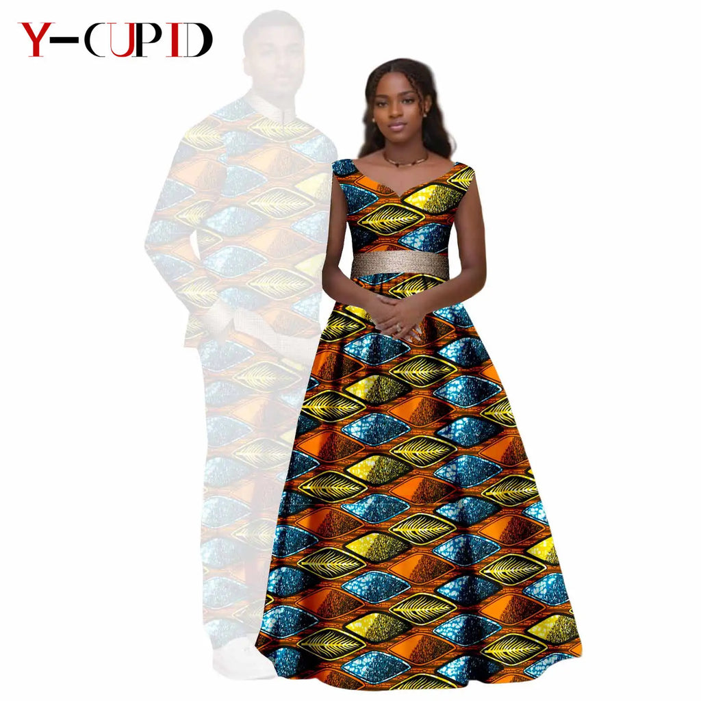 African Print V-neck Long Tutu Dresses for Women Matching Couple Clothes Men Outfits Wedding Dashiki Top and Pant Sets 25C034