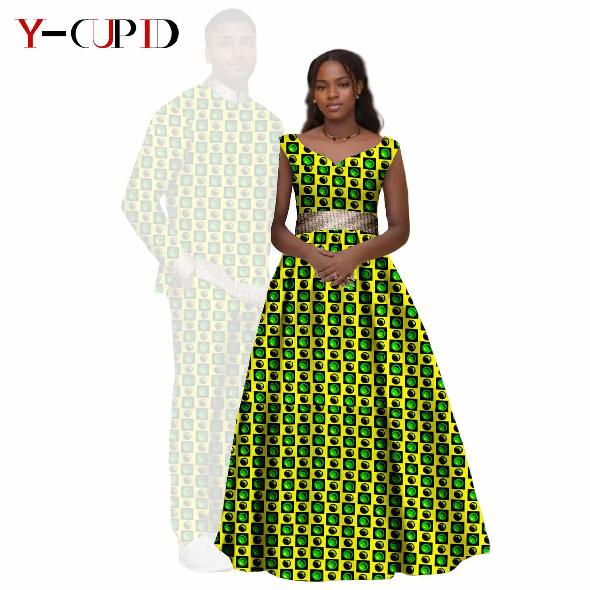 African Print V-neck Long Tutu Dresses for Women Matching Couple Clothes Men Outfits Wedding Dashiki Top and Pant Sets 25C034
