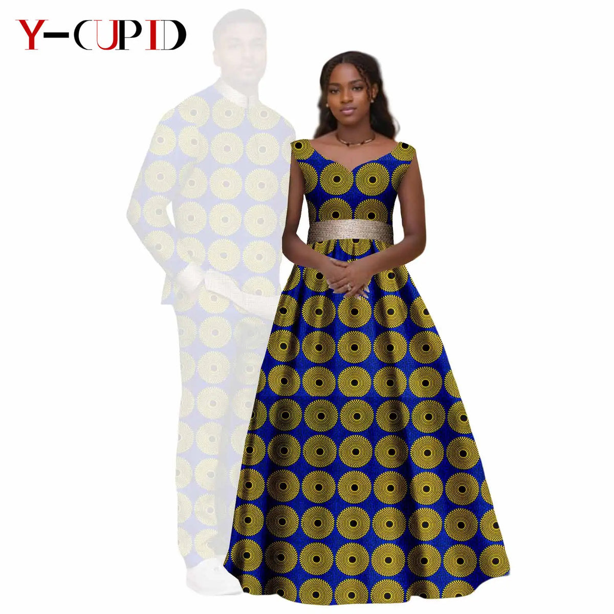 African Print V-neck Long Tutu Dresses for Women Matching Couple Clothes Men Outfits Wedding Dashiki Top and Pant Sets 25C034
